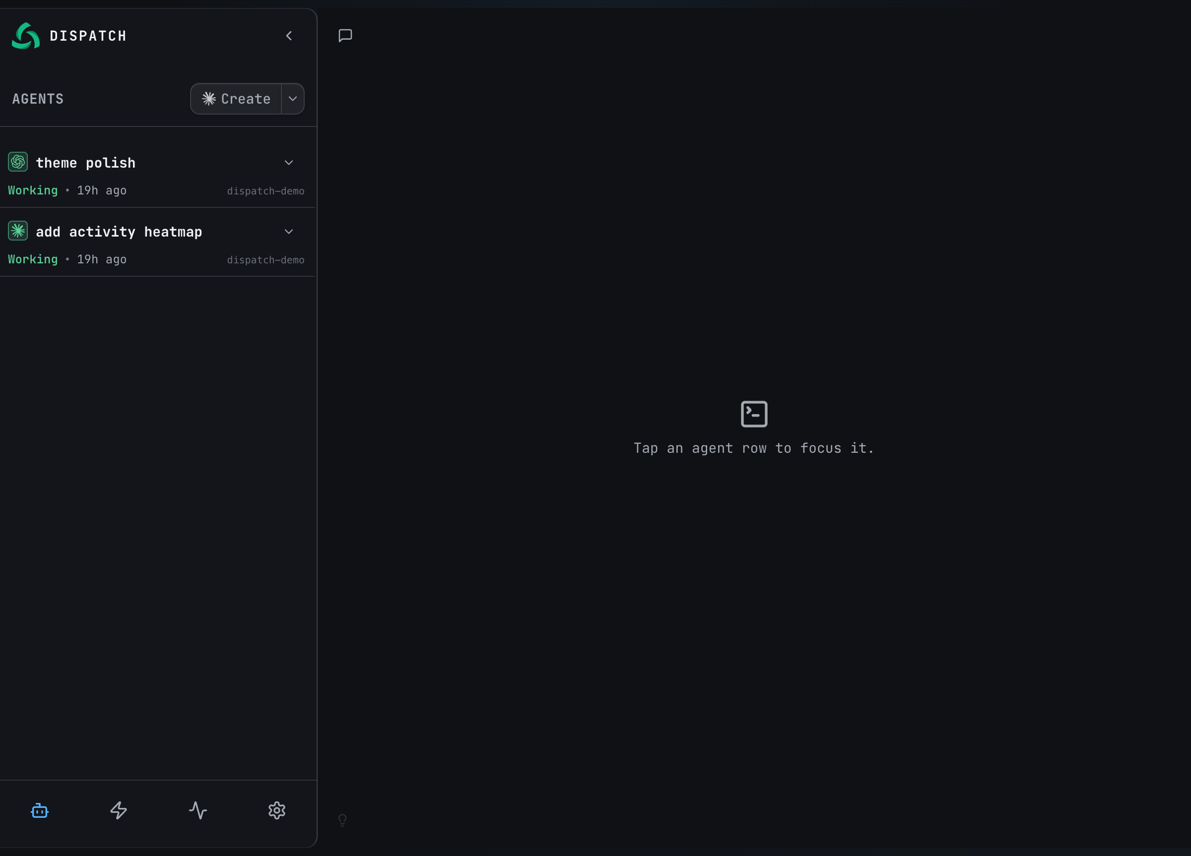 Dispatch dashboard showing agent sessions, terminal, messages, pins, and media