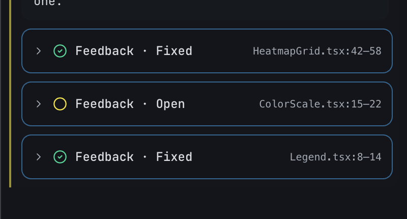 Dispatch review panel showing one open and two fixed feedback items with their affected files