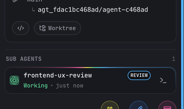 Dispatch showing a frontend UX reviewer actively working beneath the parent agent