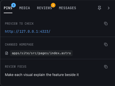 Dispatch Pins panel showing a staging preview, changed file, and review focus beside the active work